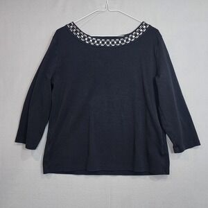 Raffaello Womens Black Embellished Neck 3/4 Sleeve Top Tunic XL Cotton